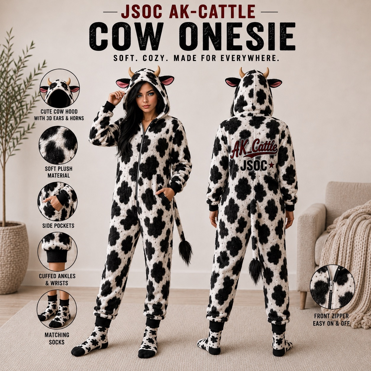 Cow Print Cozy Onesie with Hood and Socks