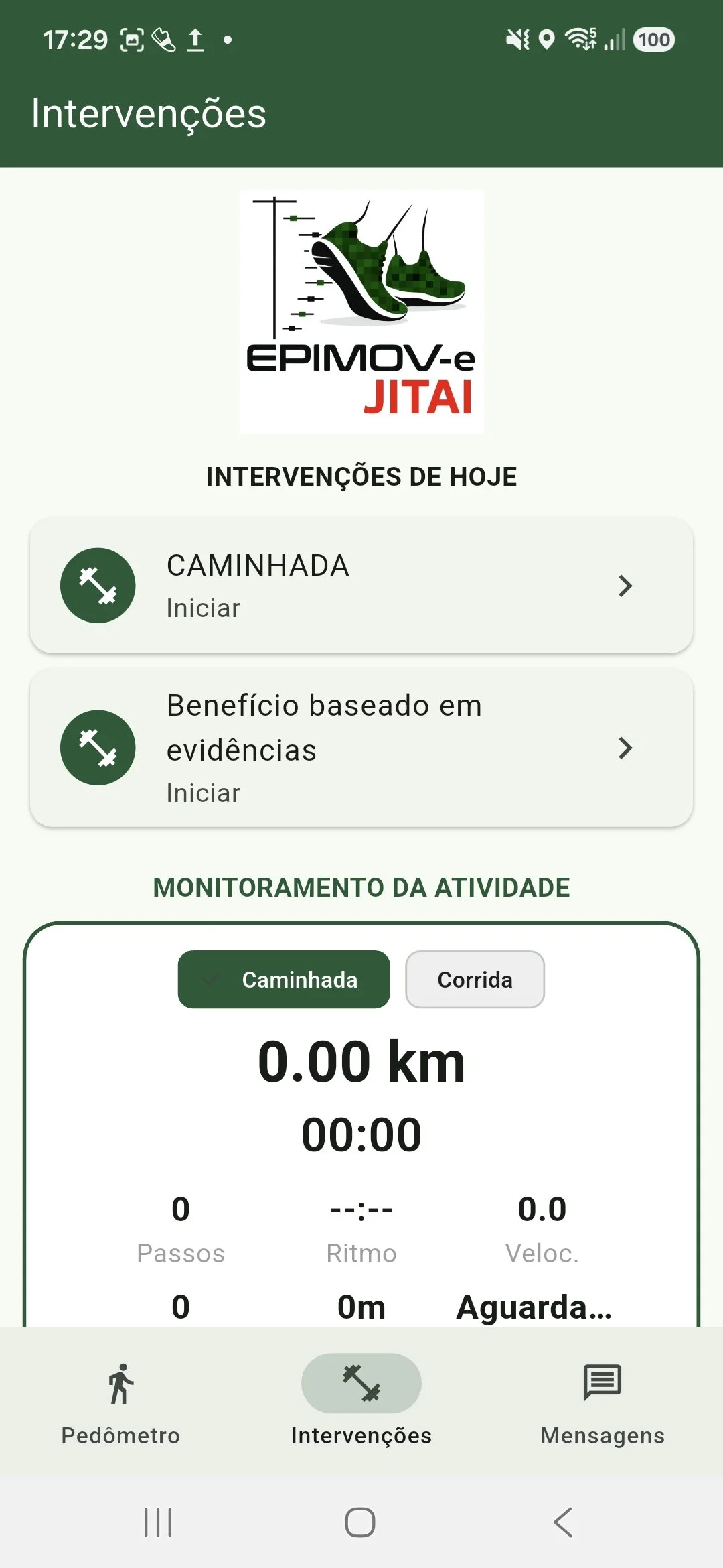 Tela de intervenções do EPIMOV-e JITAI com caminhada, conteúdo baseado em evidências e monitoramento da atividade.