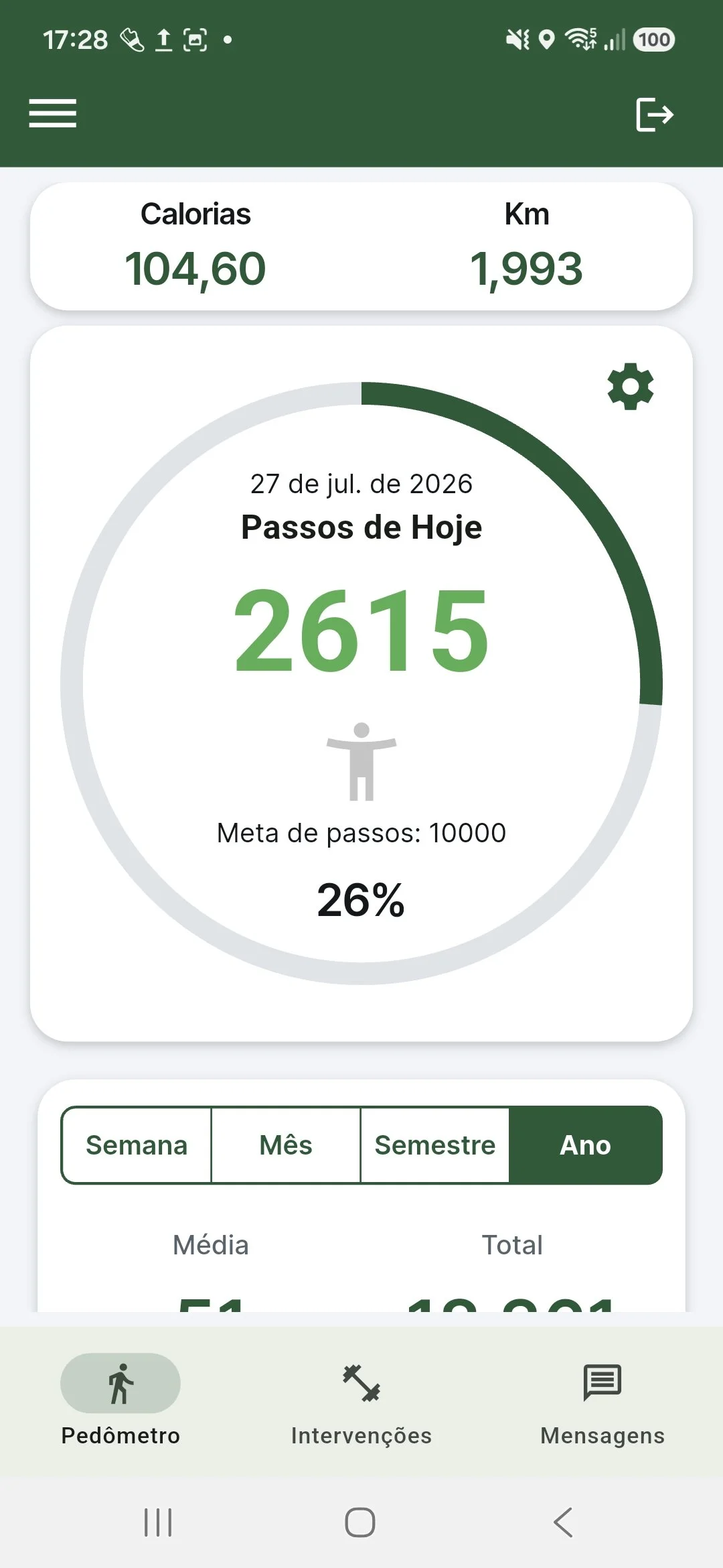 Tela do pedômetro EPIMOV-e JITAI com passos do dia, meta, calorias e distância percorrida.