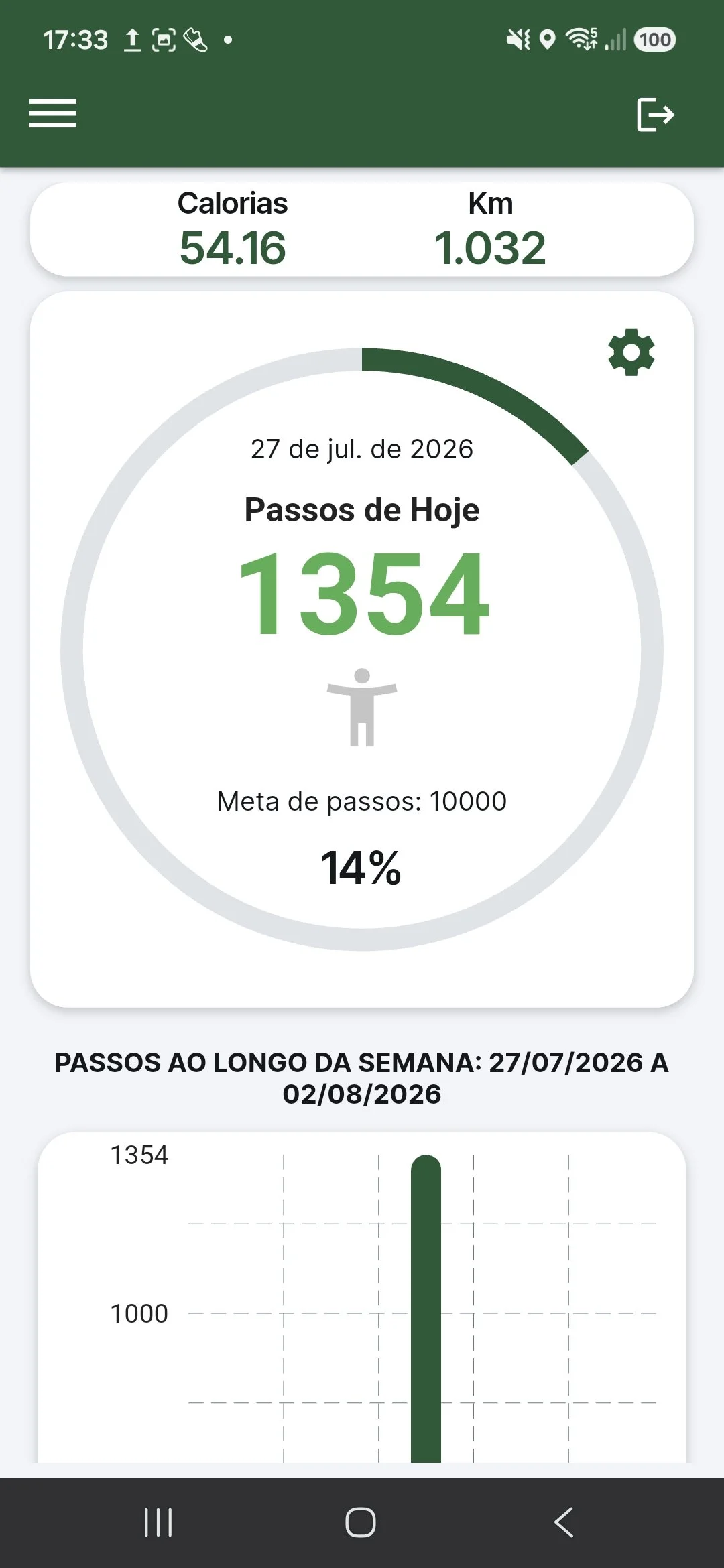 Tela inicial do aplicativo EPIMOV-e Steps com contagem diária de passos, meta de atividade, calorias e distância percorrida.