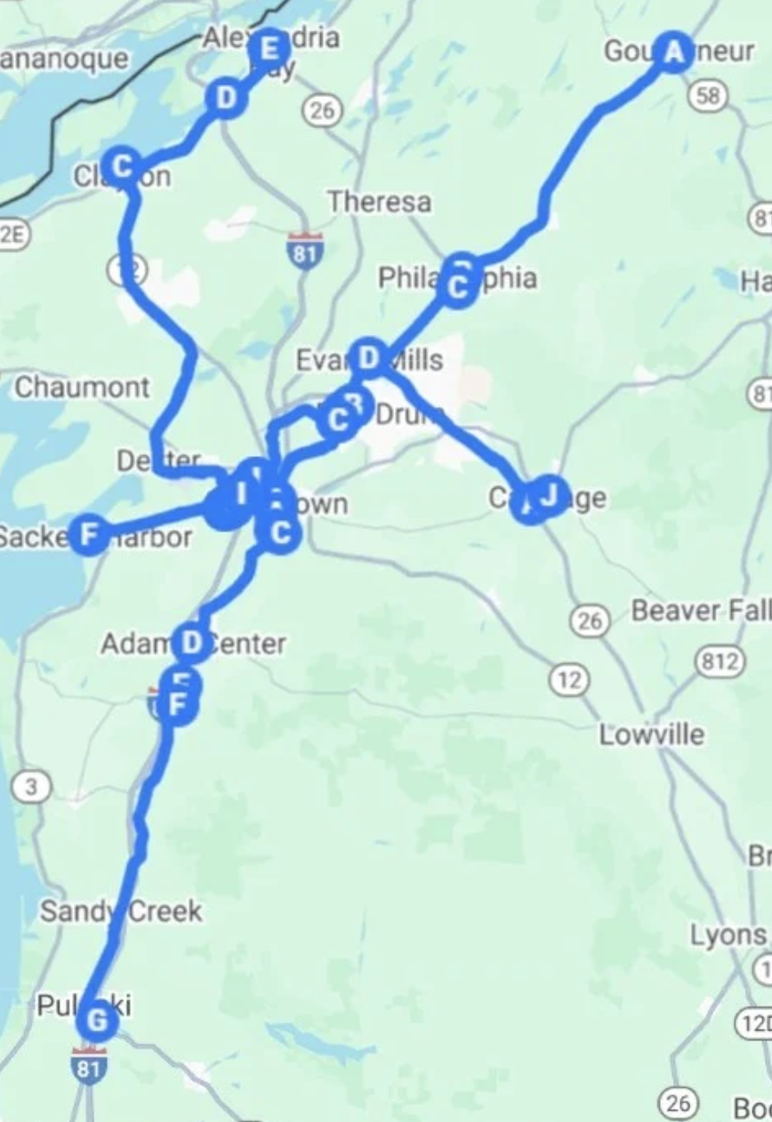 Map of a road trip route around Alexandria, Virginia, with points labeled from A to G, showing travel through various towns and locations.
