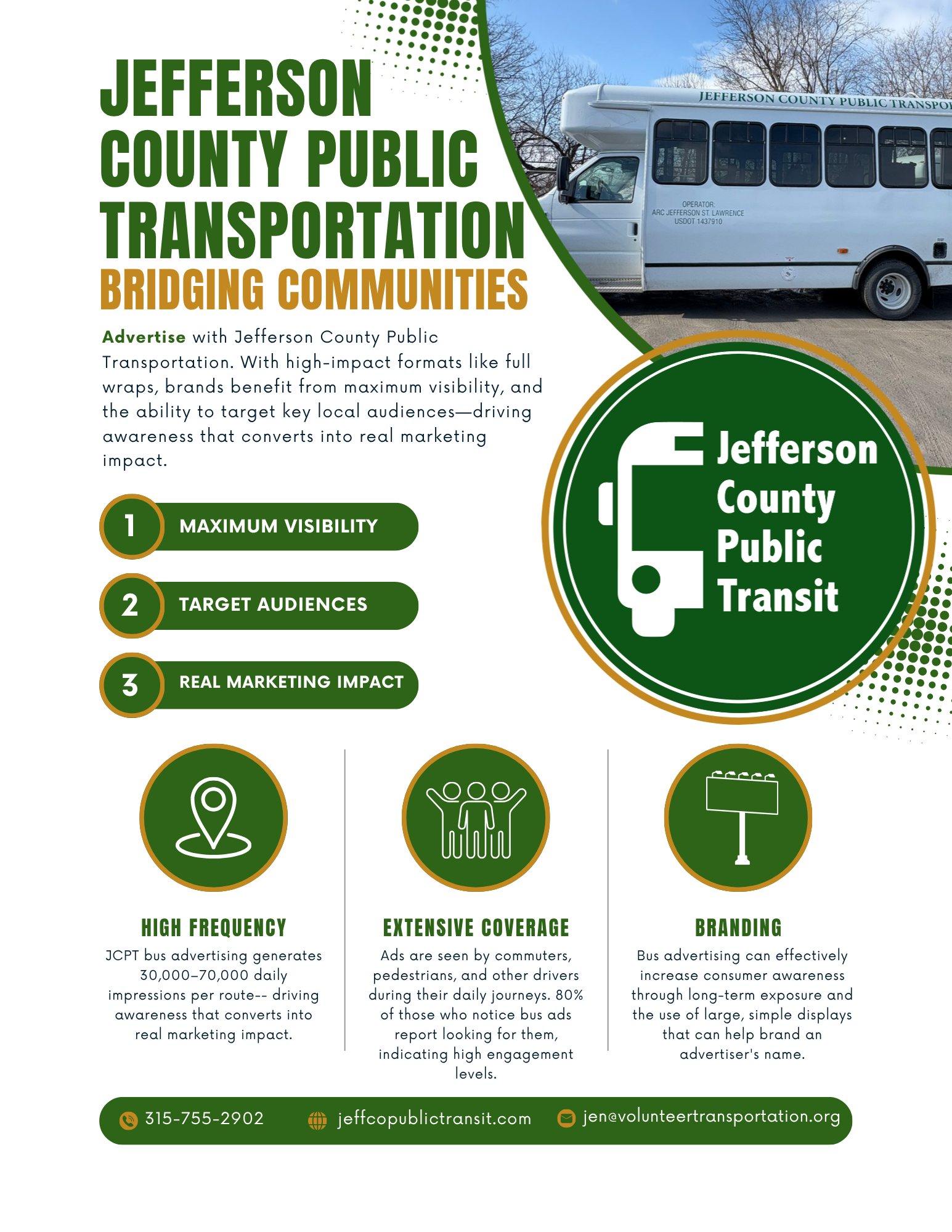 Flyer for Jefferson County Public Transportation featuring a large bus on the right side and a list of benefits including maximum visibility, target audiences, and real marketing impact. It includes contact information at the bottom and a logo with a bus icon.