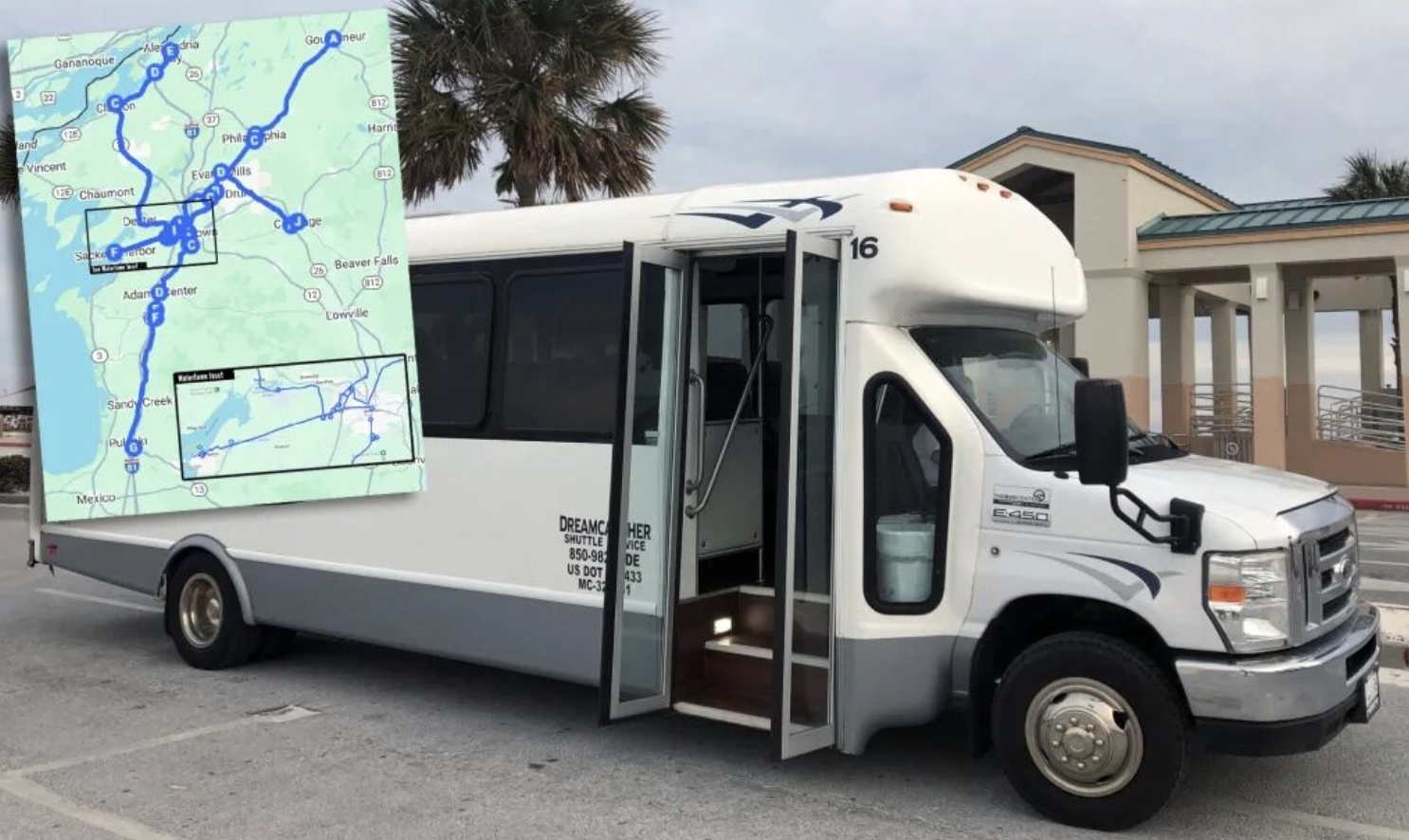 A white shuttle bus parked in a lot with palm trees and a building in the background, featuring an inset map showing a route across northern Florida.