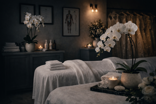 Spa massage room with two massage beds covered in white sheets, decorated with white orchids, candles, and rolled towels, in a dimly lit setting.