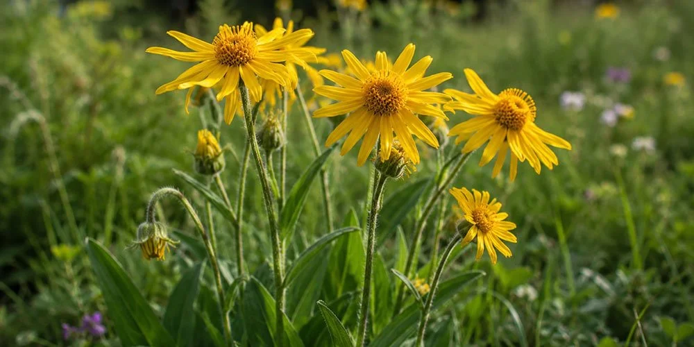 Blühende Arnika (Arnica montana) auf einer naturnahen Wiese. Die leuchtend gelben Blüten der bekannten Heilpflanze stehen im warmen Sonnenlicht und sind in einer detailreichen Nahaufnahme mit natürlichem Bokeh zu sehen.