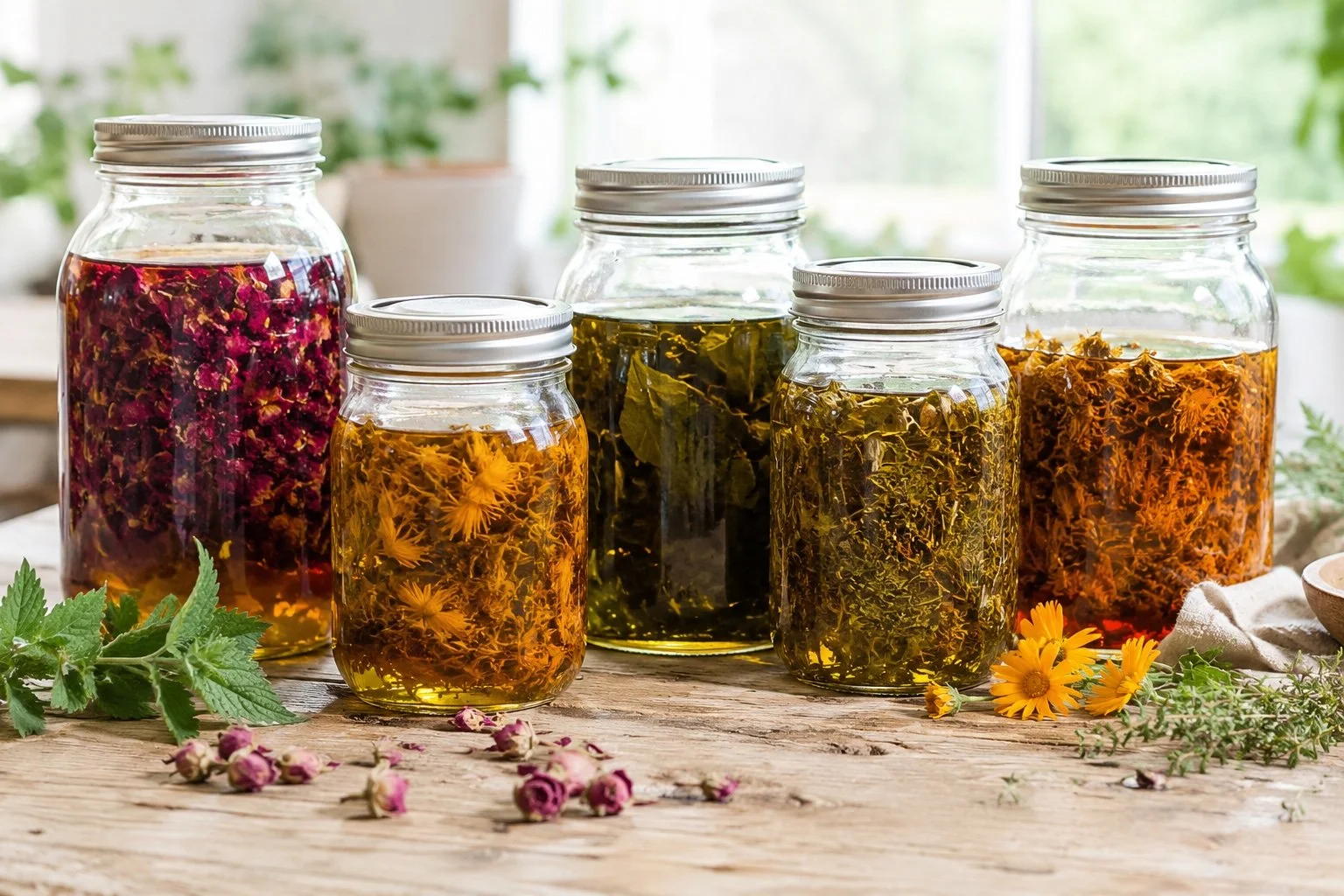 Schraubgläser mit Ölauszügen aus Ringelblume, Rosenblüten und Brennnessel auf einem alten Holztisch im natürlichen Licht.