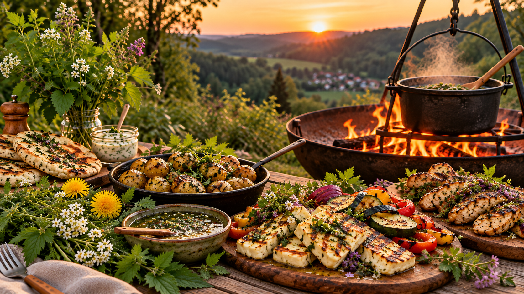 Gegrillter Halloumi, Kartoffeln, Gemüse und Hähnchen mit frischen Wildkräutern auf einem Holztisch neben einer Feuerschale mit offenem Feuer und einem gusseisernen Topf.