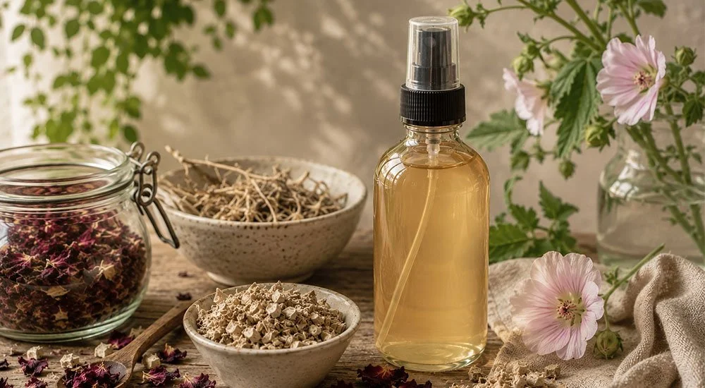 Selbstgemachte Haarpflege aus Eibischwurzel, Rosenblüten, Aloe vera und Apfelessig in einer Sprühflasche auf einem rustikalen Holztisch, arrangiert mit getrockneter Eibischwurzel und Rosenblüten.
