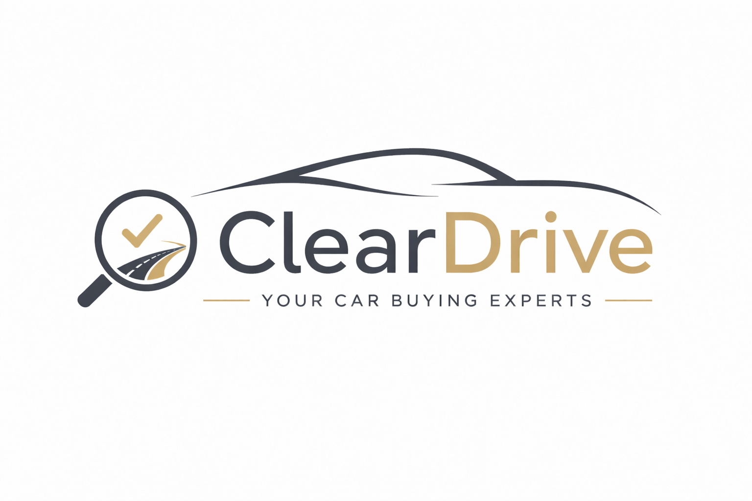 Logo for ClearDrive featuring a stylized car outline, a magnifying glass with a checkmark and a road inside, and the slogan 'Your Car Buying Experts'.