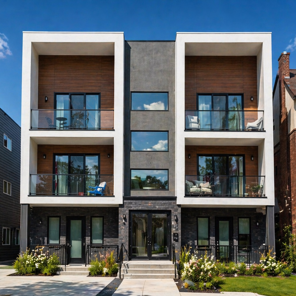 A modern three-story residential building with white framing, dark brick and wood-paneled balconies, large glass sliding doors, and a landscaped front with flowering plants.