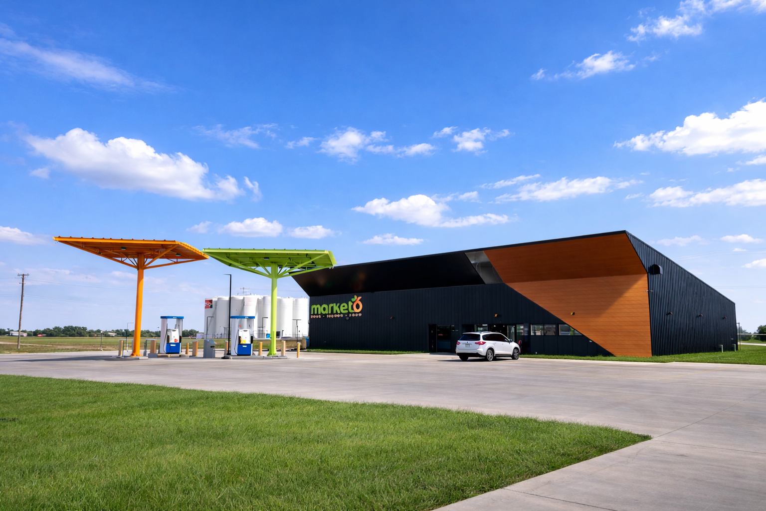 Exterior view of a modern Market 6 store with two solar-powered charging stations in front, a white car parked nearby, and a blue sky with scattered clouds.