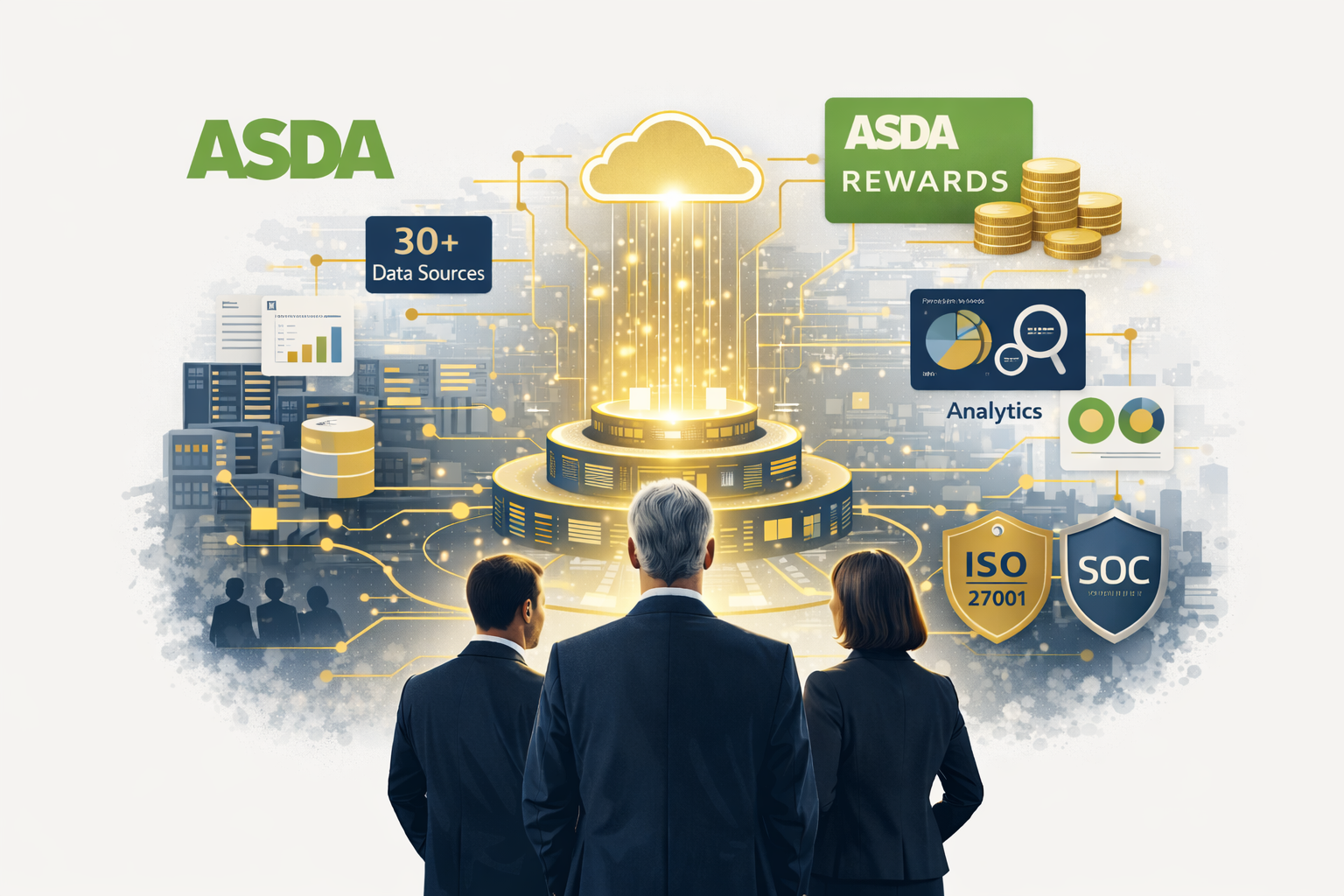 A digital infographic showing data sources, analytics, and rewards connected to a cloud, with three business professionals observing the display.
