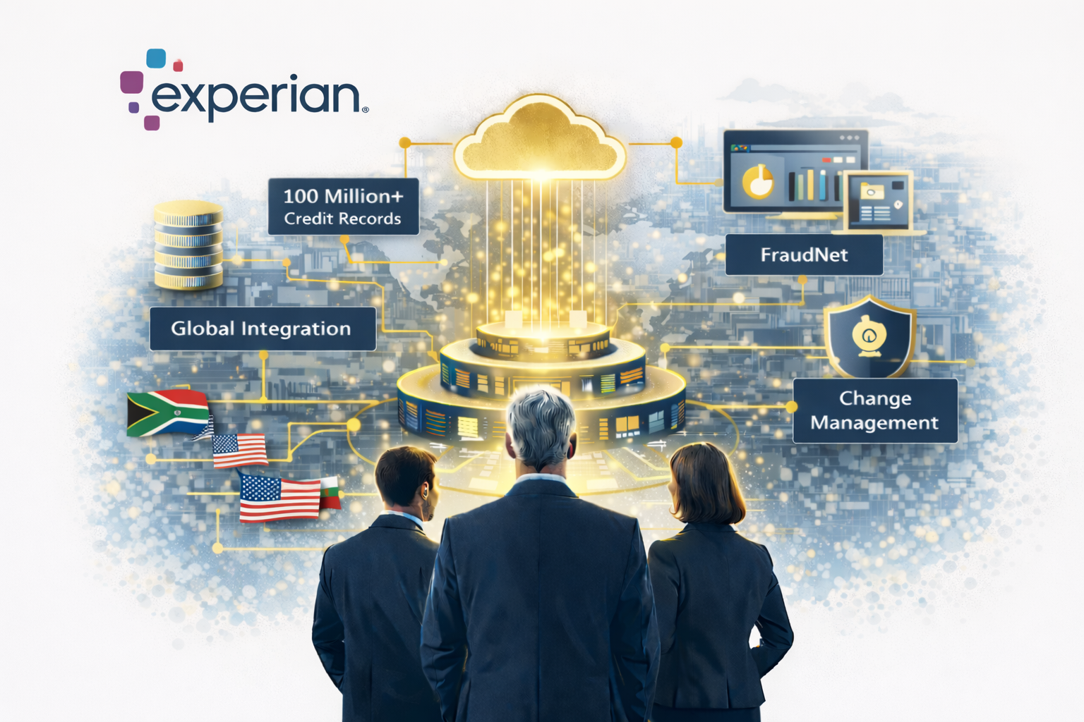 Three businesspeople in suits looking at a digital infographic about Experian, featuring data about credit records, global integration, fraud prevention, and change management, with flags of South Africa, the United States, and Italy.