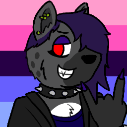 Anthropomorphic hyena character with purple hair, dark fur, a choker, and a top showing a lightning bolt symbol, making a peace sign.