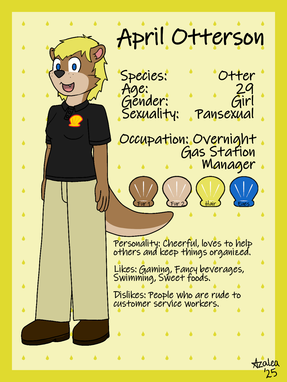 A cartoon otter character with long blond hair, wearing a black Shell shirt, beige pants, and brown shoes, standing next to a personality profile. The profile includes details such as April Otterson's species, age, gender, sexuality, occupation, fur 