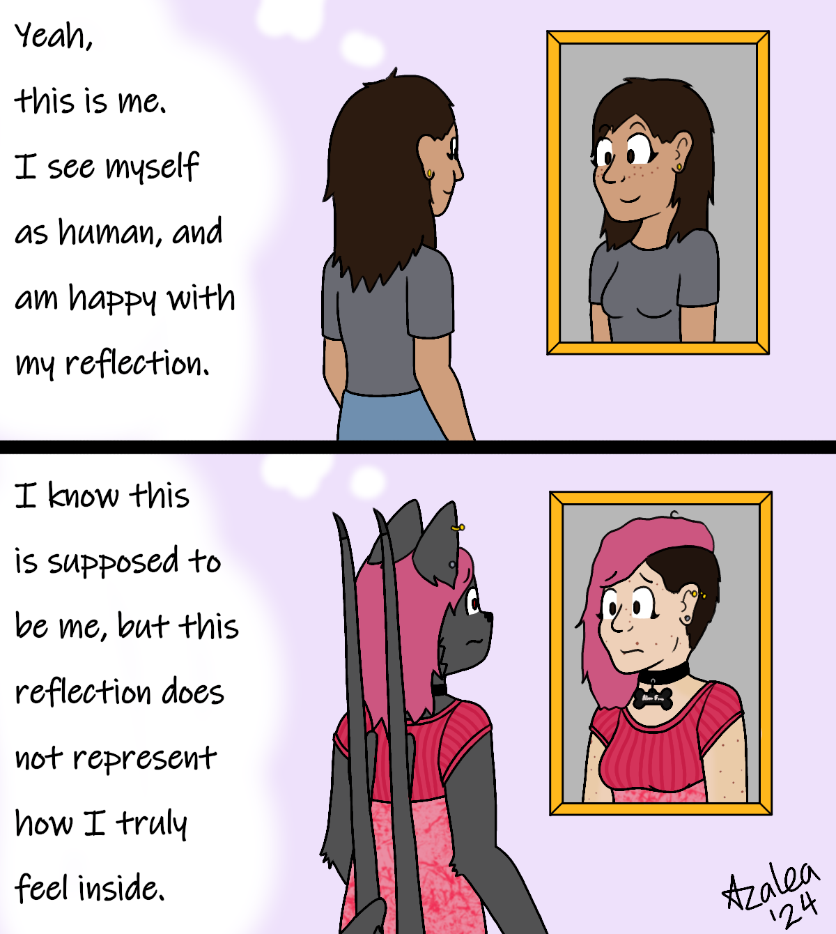 Image of a human looking in a mirror seeing herself, then a wolf dragon looking in the mirror and seeing a human reflected back.
