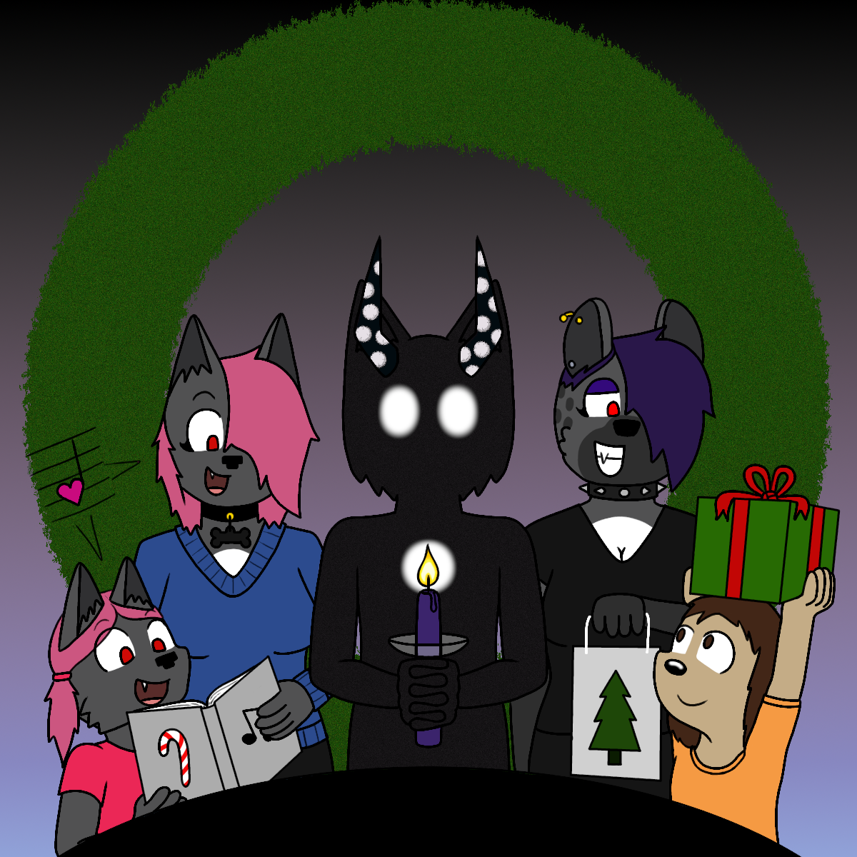 Group of animated anthropomorphic wolf characters celebrating Christmas, with one holding a lit candle, two holding presents and gift bags, one reading a holiday card, and a wreath in the background.