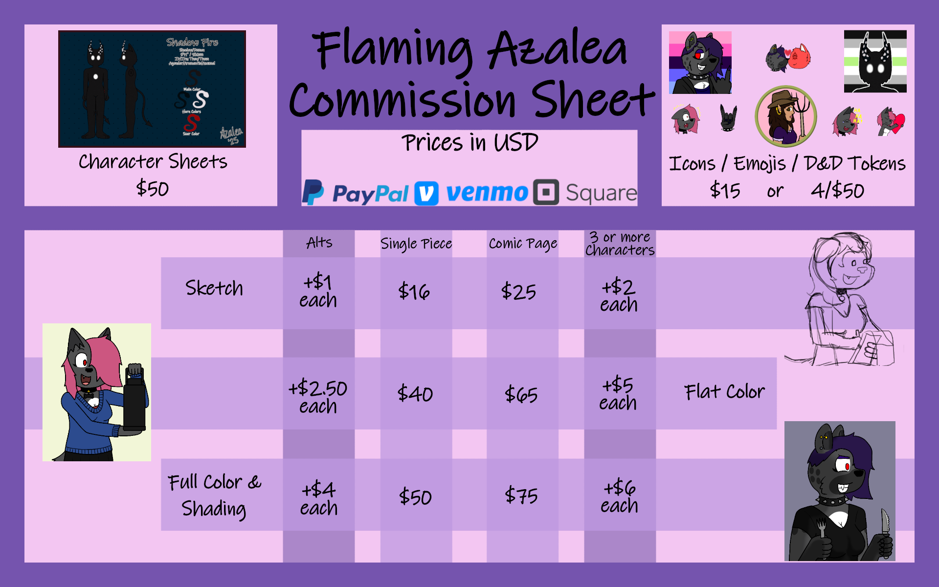 Purple commission sheet titled "Flaming Azalea Commission Sheet" with prices in USD for character art, icons, emojis, and tokens. Includes PayPal, Venmo, and Square payment options. Features character sheet example, additional art styles, and illustrated character images.