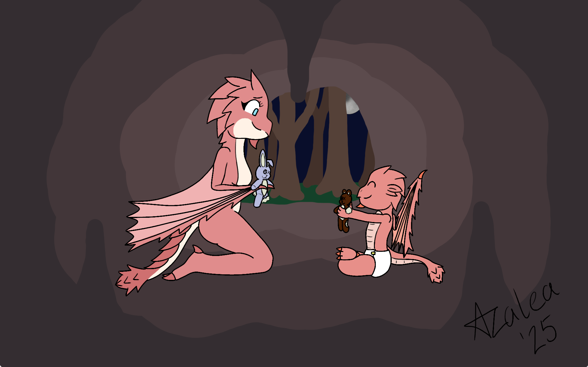 A pink rathian wyvern with her baby in a cave, playing with broken toys. 