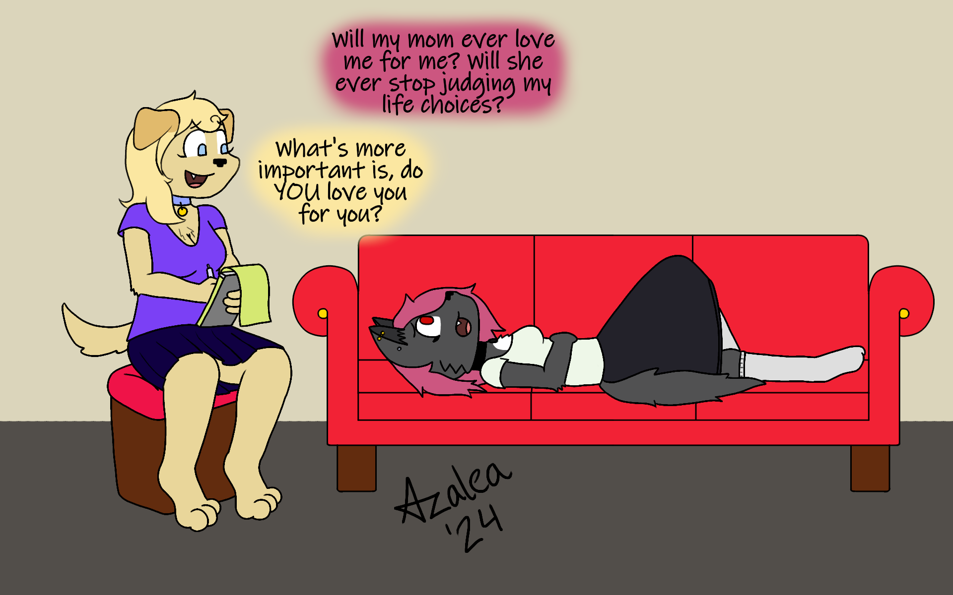 A cartoon of a girl with long blonde hair, sitting on a stool, talking to a lying down anthropomorphic dog with purple hair on a red couch. The girl has a notebook and pen, and there are speech bubbles: the girl asks, "Will my mom ever love me for me