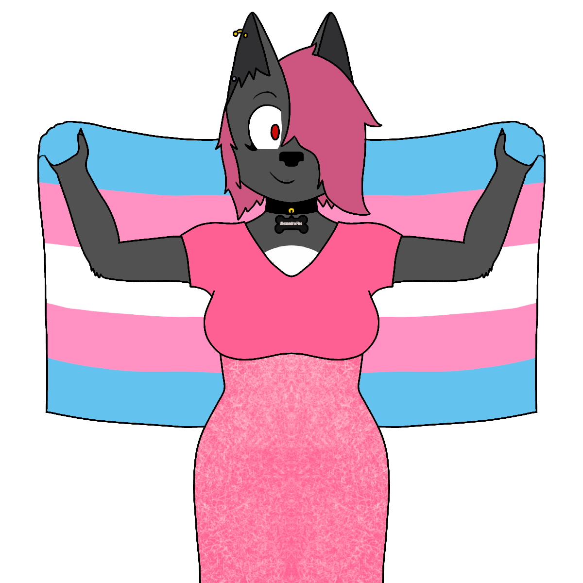 Transgender wolf holding a pride flag behind her