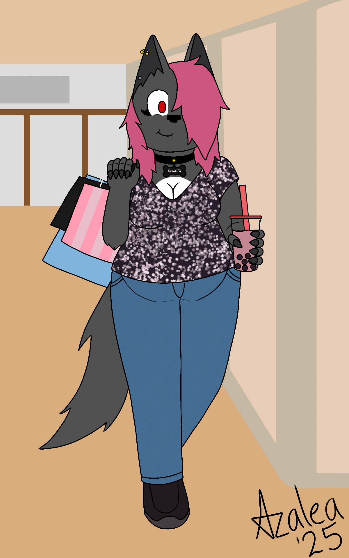 An anthropomorphic wolf character with pink hair, wearing a black sparkly top and blue jeans, carrying shopping bags, holding a bubble tea cup, standing in an indoor setting.
