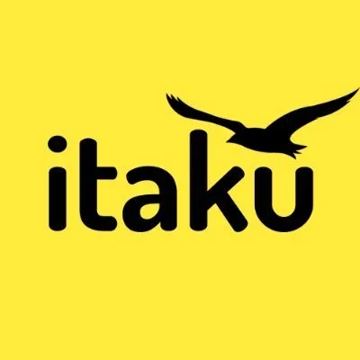 Yellow background with black text 'itaku' and a black bird flying above the text.