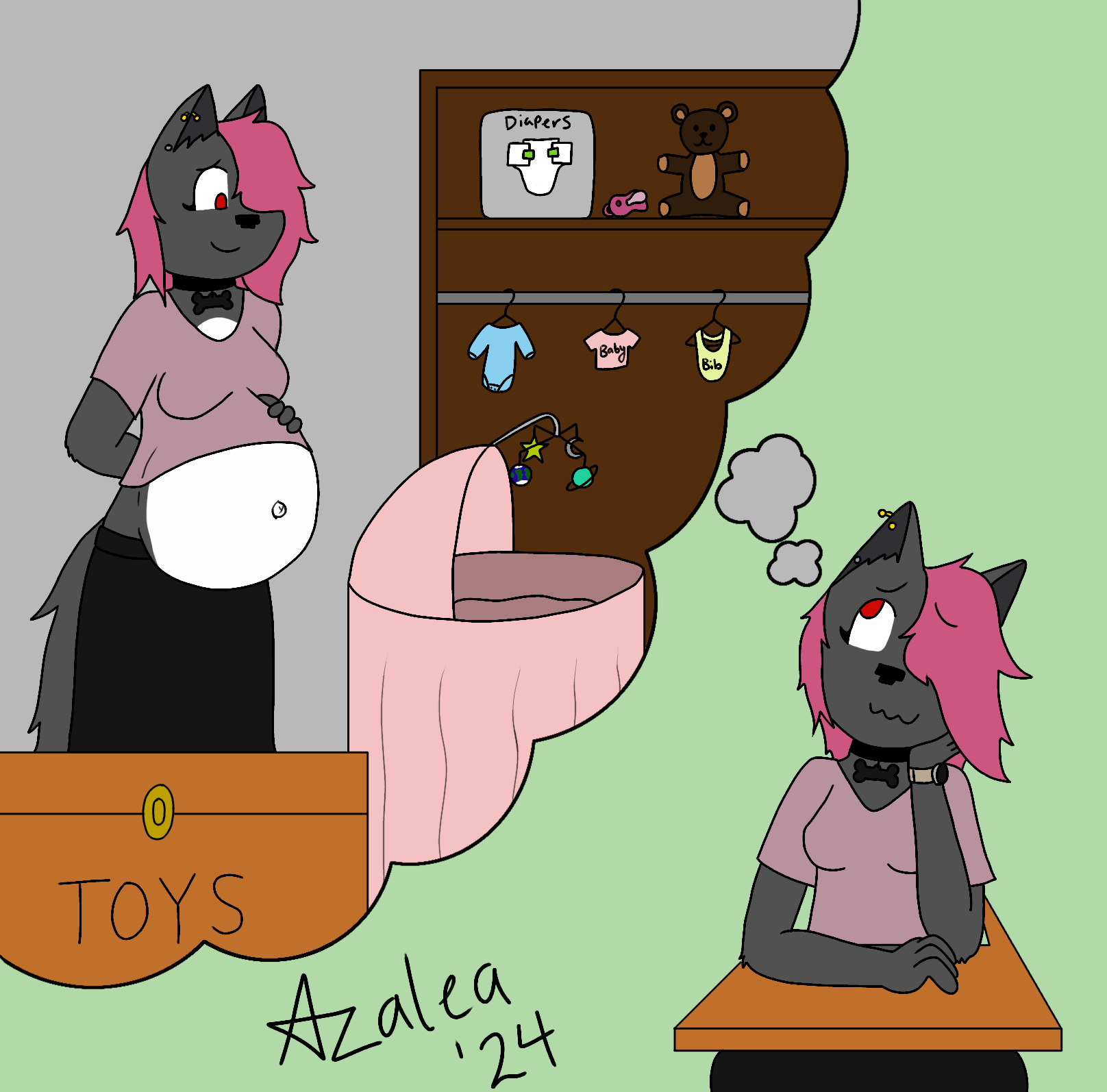 An image of a pink haired wolf daydreaming of being an expecting mother to be. 