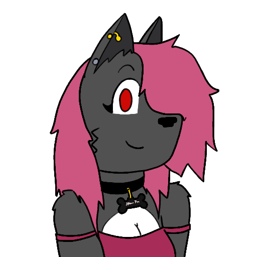 A cartoon anthropomorphic wolf with pink hair, wearing a black choker, a pink strapless top, and a dog tag necklace.