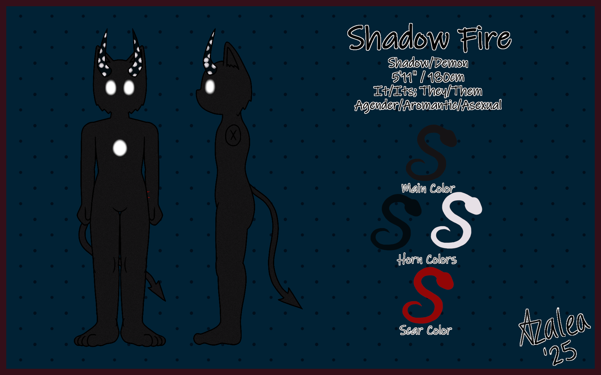 Character reference sheet for Shadow Fire, a black, humanoid demon with white glowing eyes, horns with white spots, a white belly marking, a long tail with a spade-shaped tip, and small paws. The sheet displays front and side views and provides detai