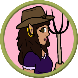 Cartoon woman with dark hair wearing a brown hat and gold earrings, holding a trident, with a pink background inside a green oval border.