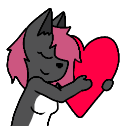 A cartoon of a gray unicorn with pink hair hugging a red heart.