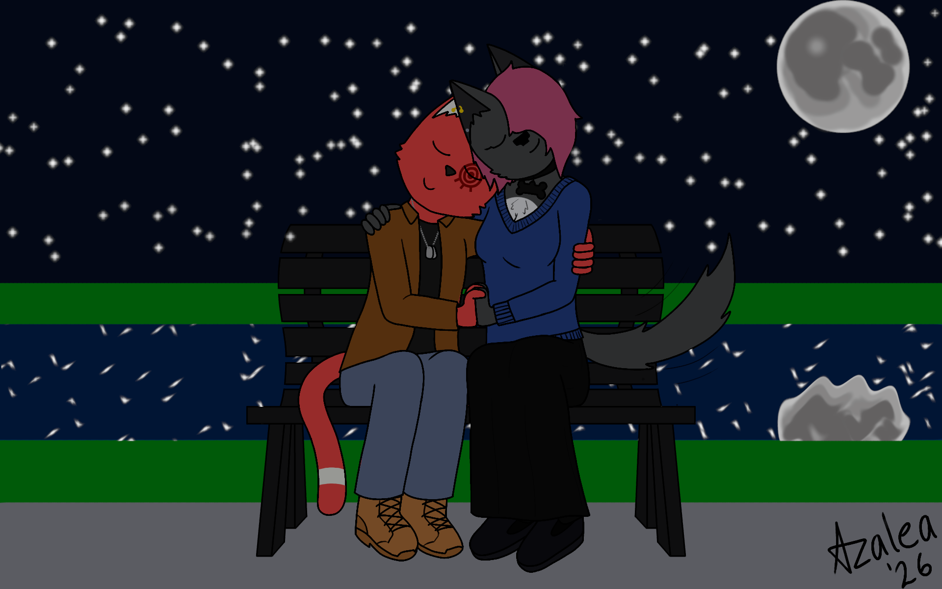 Two anthropomorphic animals sitting on a park bench at night, embracing and holding hands, with a starry sky, full moon, and a river in the background.