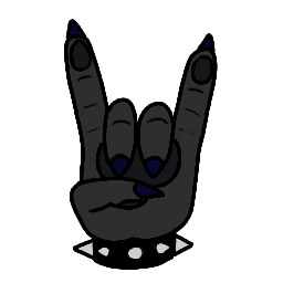 Drawing of a hand making the 'rock on' gesture with the index and pinky fingers raised, dark blue nails, and a black background.