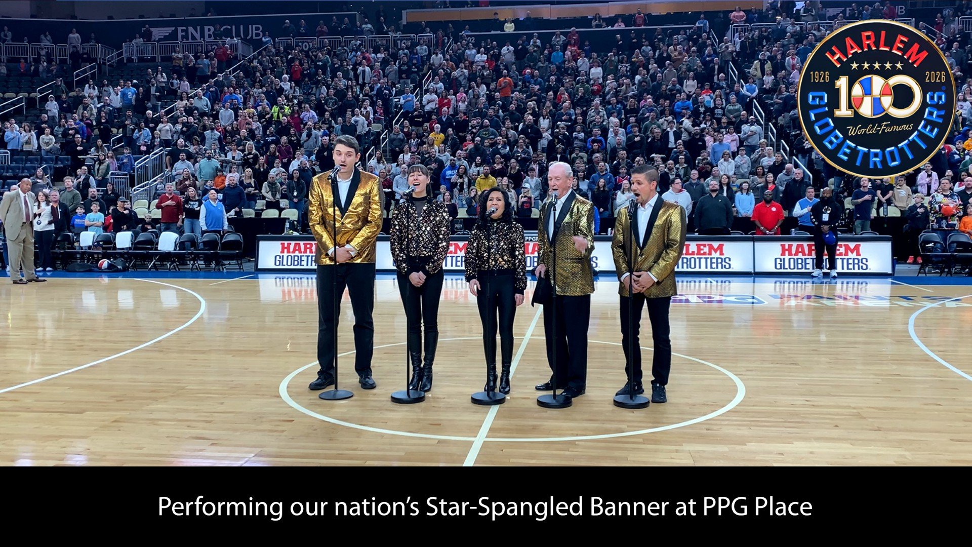 Pure Gold Vocalists singing our Star-Spangled Banner at the Globetrotters 100th Anniversary Tour Stop in Pittsburgh, Dec 26 2025
