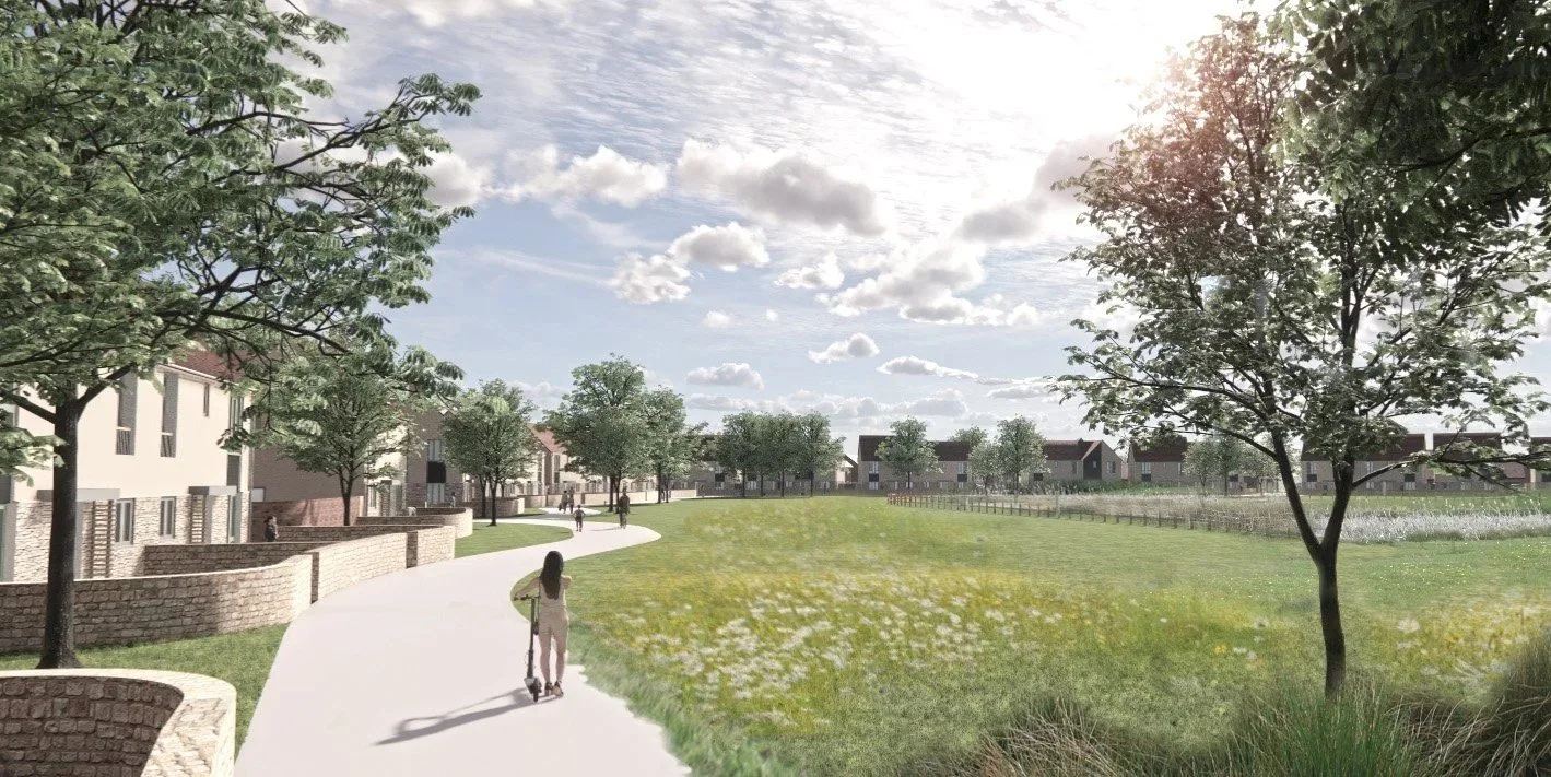 A digitally designed illustration of a peaceful residential neighborhood with a winding path, green grass, trees, and modern houses under a partly cloudy sky with sunlight.