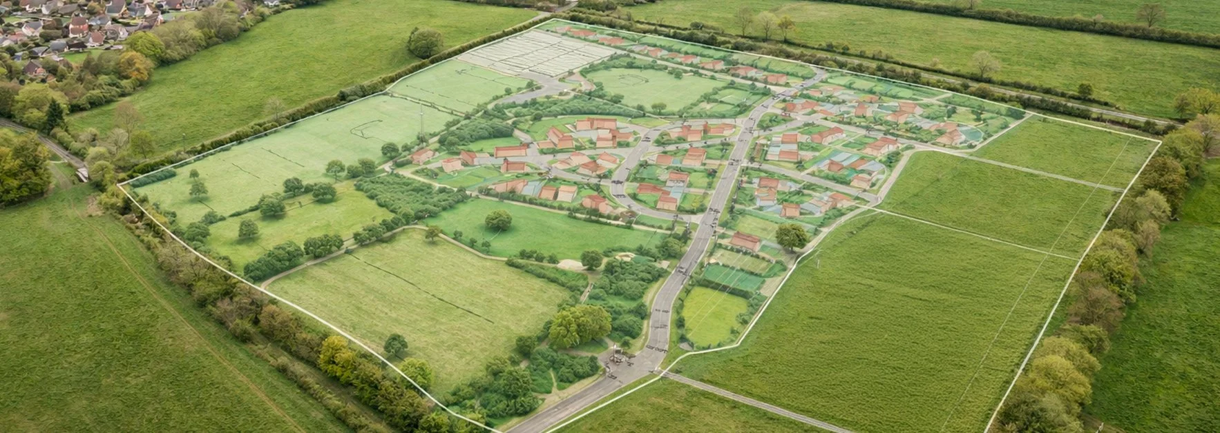 Aerial view of a residential community with individual houses, roads, and green spaces, surrounded by lush farmland and open fields.