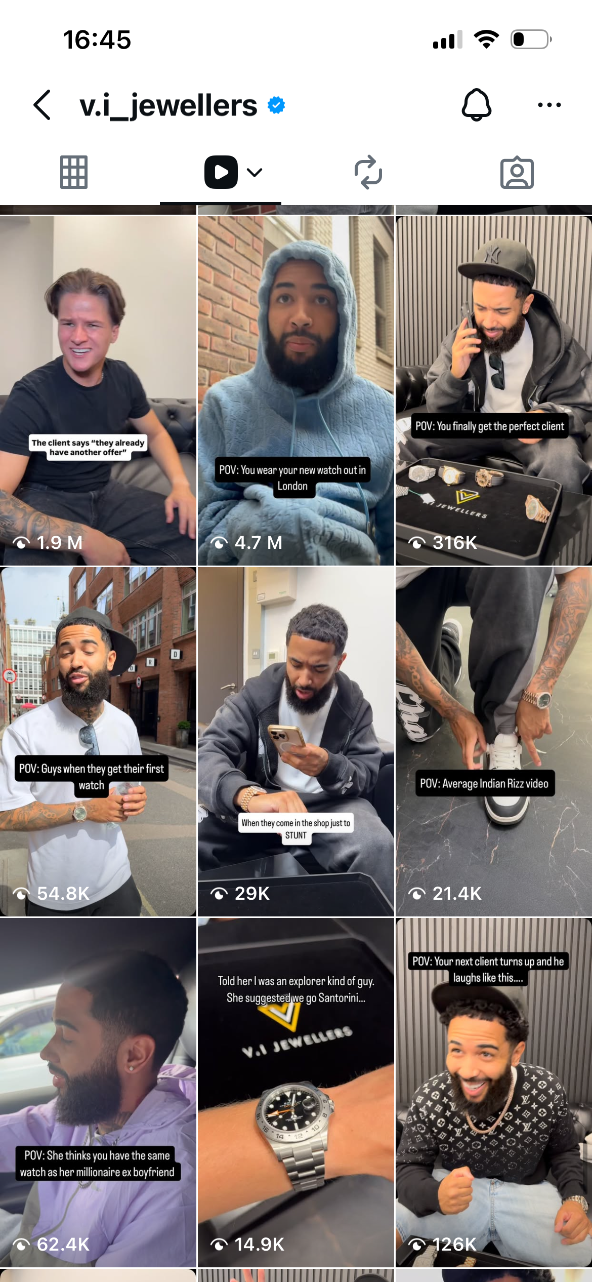 V.i Jewellers Instagram views.