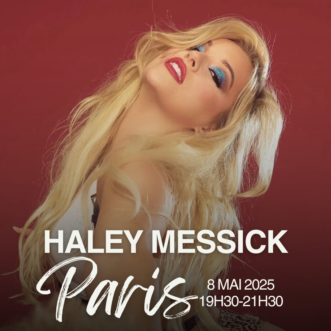 Promotional poster featuring a woman with long blonde hair, red lipstick, and vibrant blue eyeshadow, advertising a Paris event with Haley Messick on May 8, 2025, from 7:30 PM to 9:30 PM.
