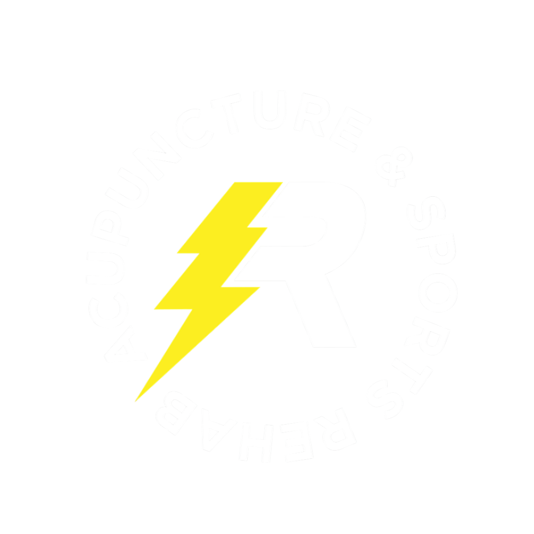 Logo with a yellow lightning bolt, a white letter R, and text circling around that reads 'Acupuncture & Sports Rehab'.