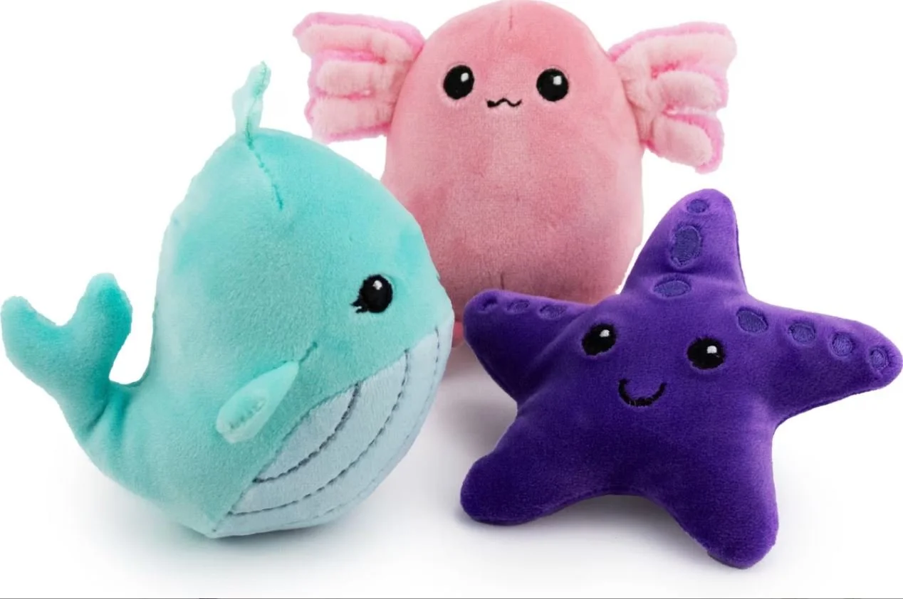 Giftable World Bubble Buddies Starfish, Whale &amp; Axolotl Plush Dog Toys, Multi, 4-in, 3 count