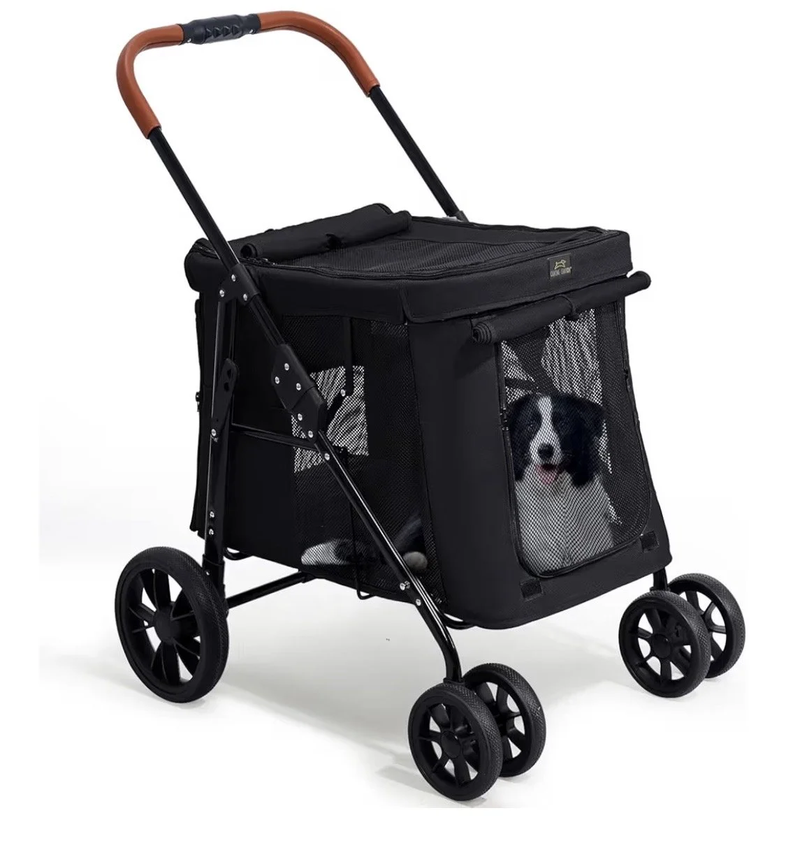 Scout Pet Stroller, 4-Wheel Design for Small/Medium Dogs - One-Button Fold, Adjustable Mesh Windows &amp; Shades, 360° Swivel Front Wheels, Rear Wheel Brake for Safety, Black