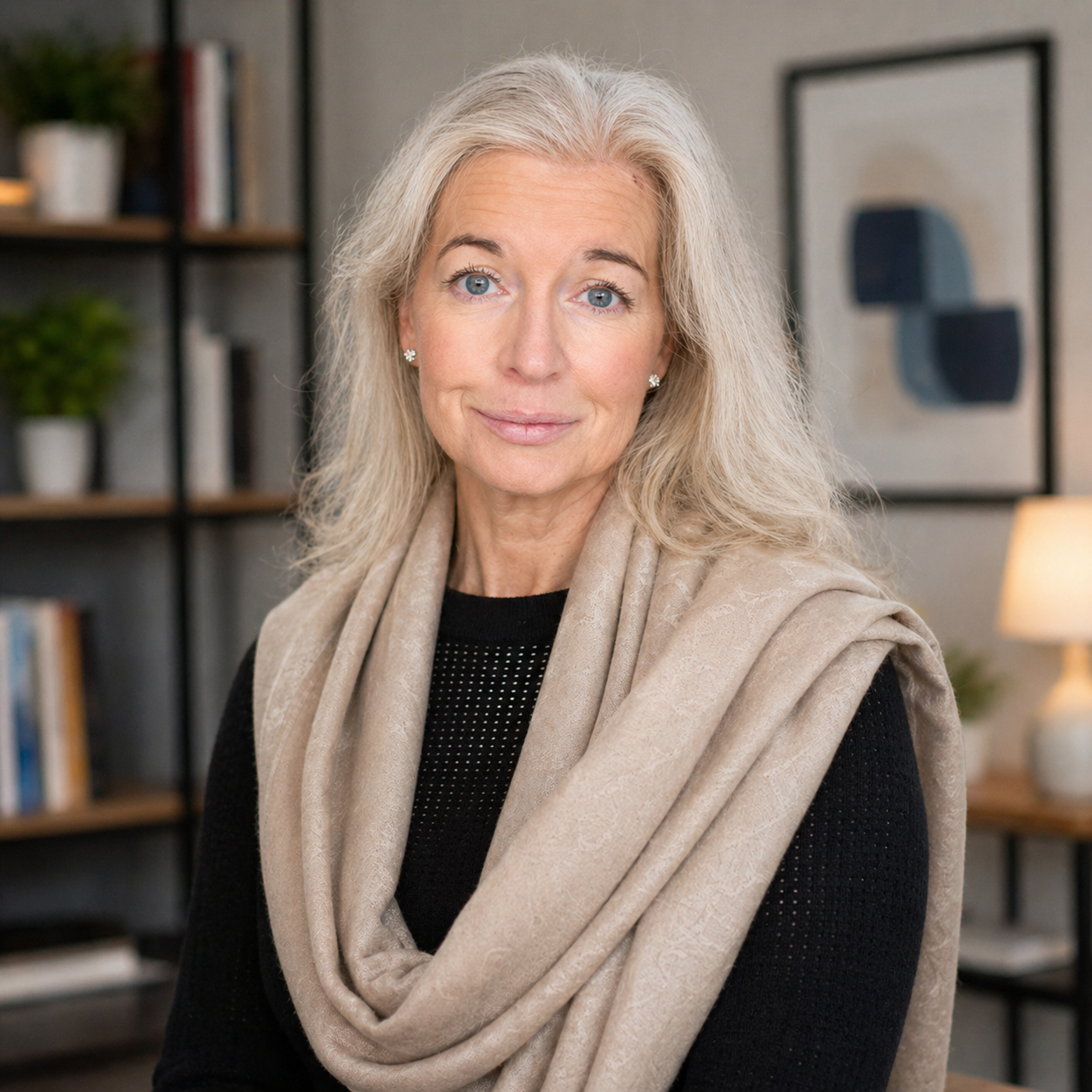 A portrait of an older woman with long gray hair, blue eyes, and earrings, wearing a black top and a beige scarf, in a cozy room with bookshelves and abstract art in the background.