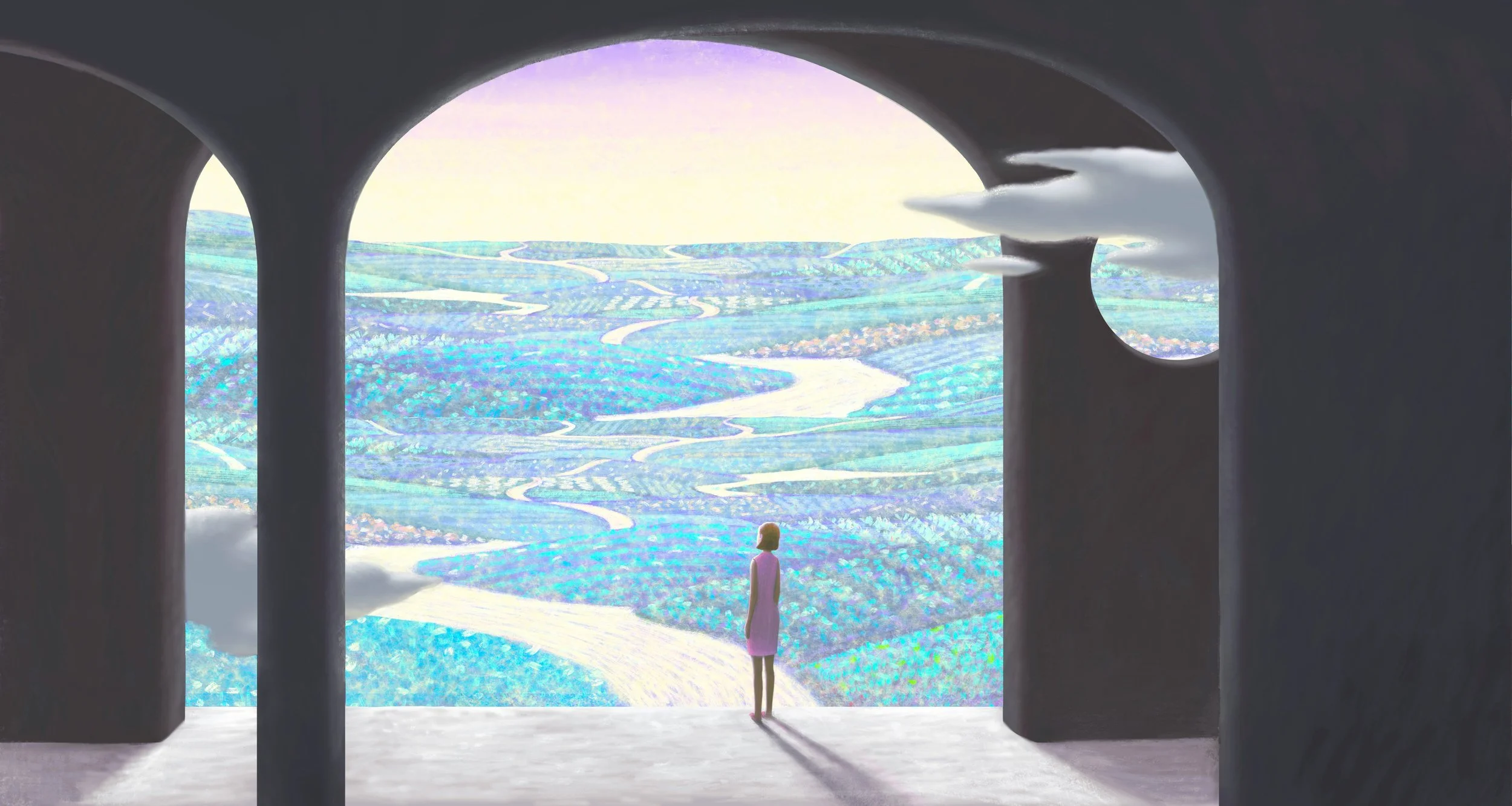 Une femme debout regarde un paysage de rivières et forêts vus à travers une ouverture en forme d'arc dans un mur sombre.