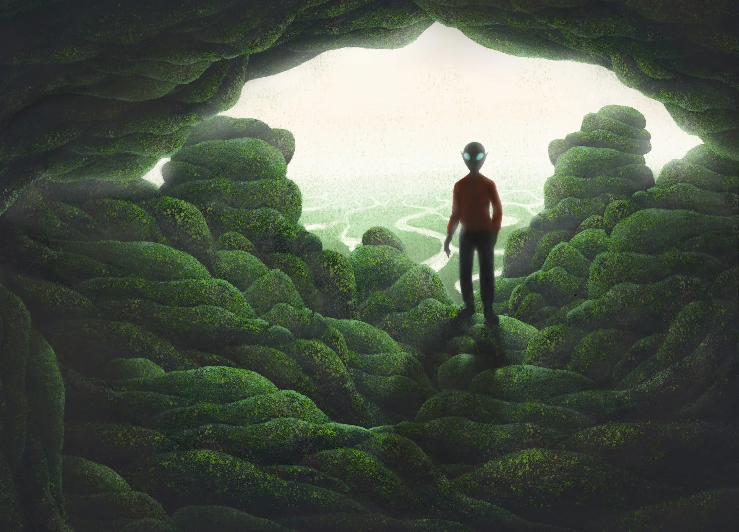Une créature humanoïde avec une tête noire, de grands yeux bleus lumineux, debout devant un environnement mystérieux et verdoyant, ressemblant à une caverne ou une forêt dense.