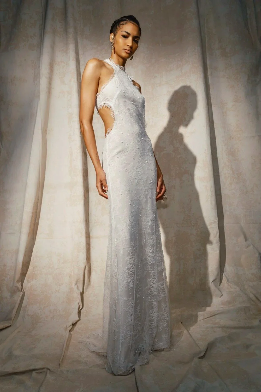 PEARL FIL COUPÉ LACE HALTER DRESS