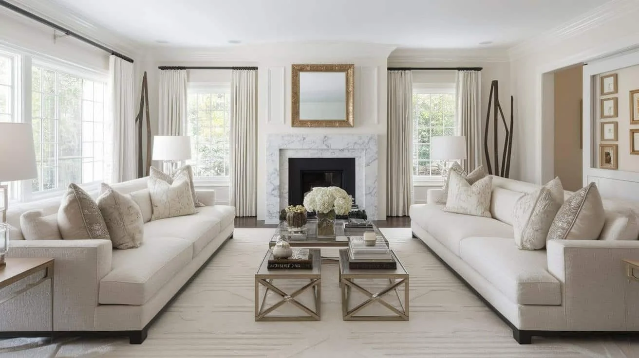A bright, elegant living room with two white sofas, a marble fireplace, and large windows with white curtains.
