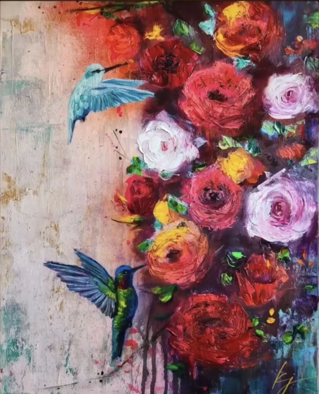 An abstract painting of colorful roses with two hummingbirds flying nearby, on a textured background.