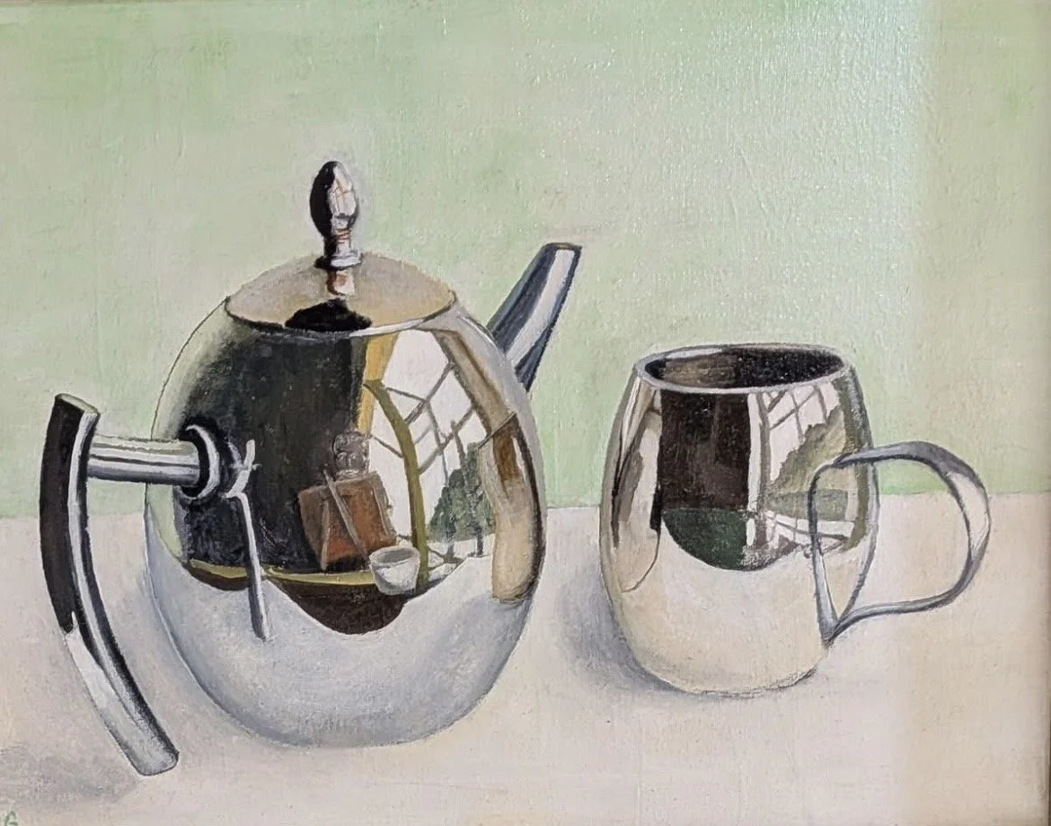 A painting of a shiny, reflective silver teapot with a black handle and a lid, positioned next to a silver mug with a handle, both placed on a light-colored surface against a light green background.