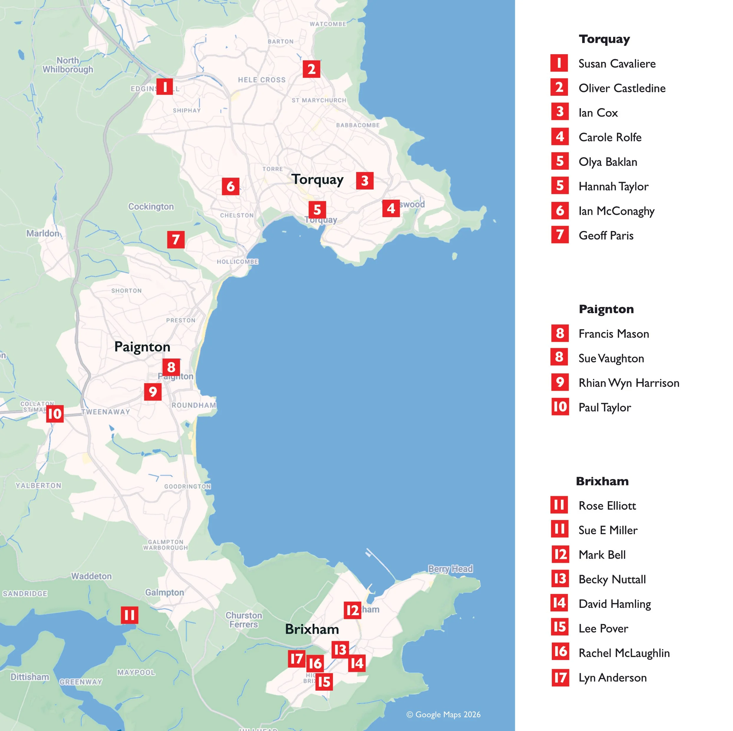 Map of Torquay showing various locations and their names, including the lists of names with numbered labels on the right side.
